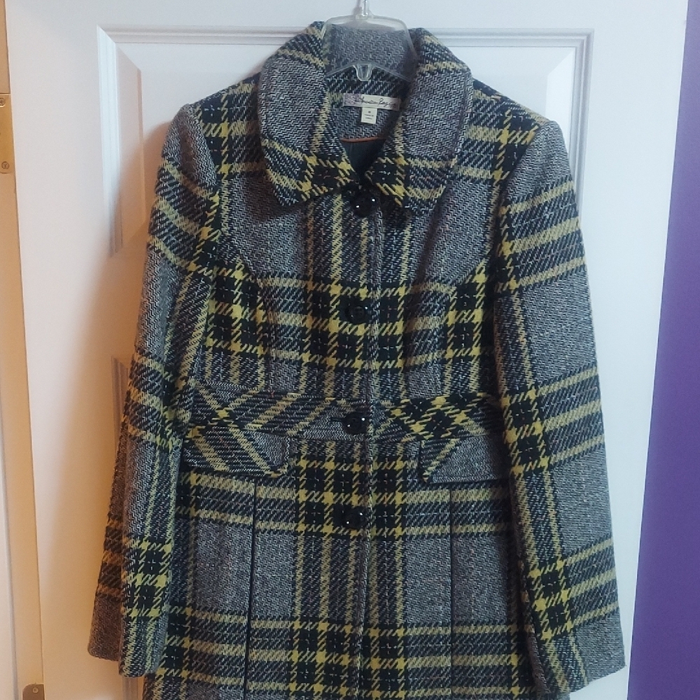 Gray and Yellow Trench Coat with Plaid Pattern